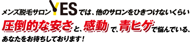 メンズ脱毛サロンYESでは、他のサロンをひきつけないくらい圧倒的な安さと、感動で、青ヒゲで悩んでいる、あなたをお待ちしております！