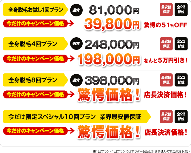 全身脱毛プラン価格表